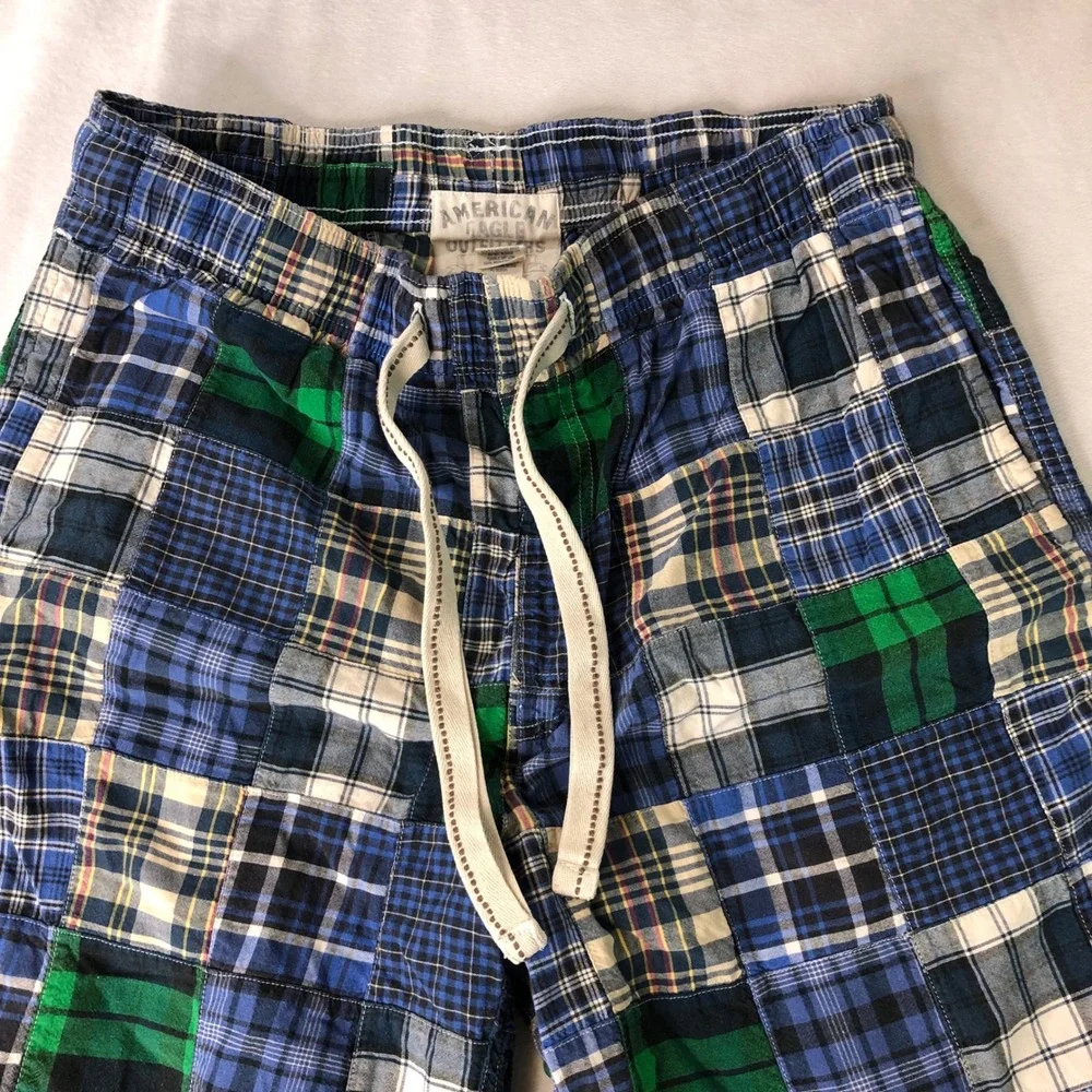 American Eagle Dorm Patchwork Plaid Shorts Mens Medium Blue Madras Longer Length